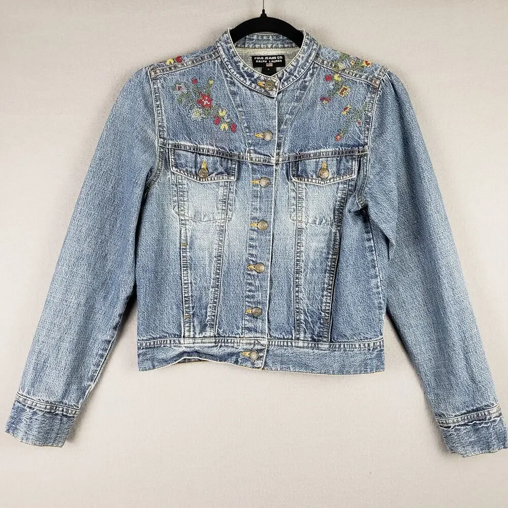 Polo Ralph Lauren Size M Needlepoint Embroidered‎ Denim Trucker Jacket Scandi